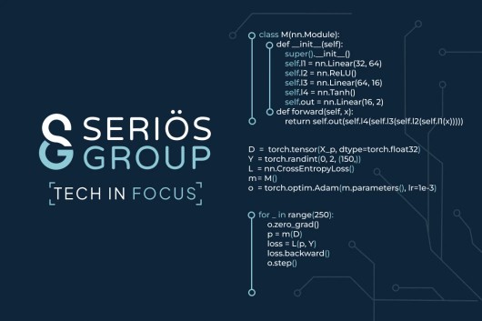 Tech In Focus & Seriös Group logo with some code on the right. Navy blue background