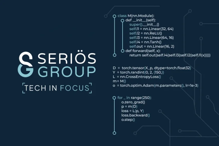 Tech In Focus & Seriös Group logo with some code on the right. Navy blue background