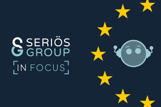 Seriös Group in Focus text EU stars and AI robot over blue background