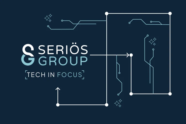 Seriös Group logo and Tech In Focus graphic over blue background
