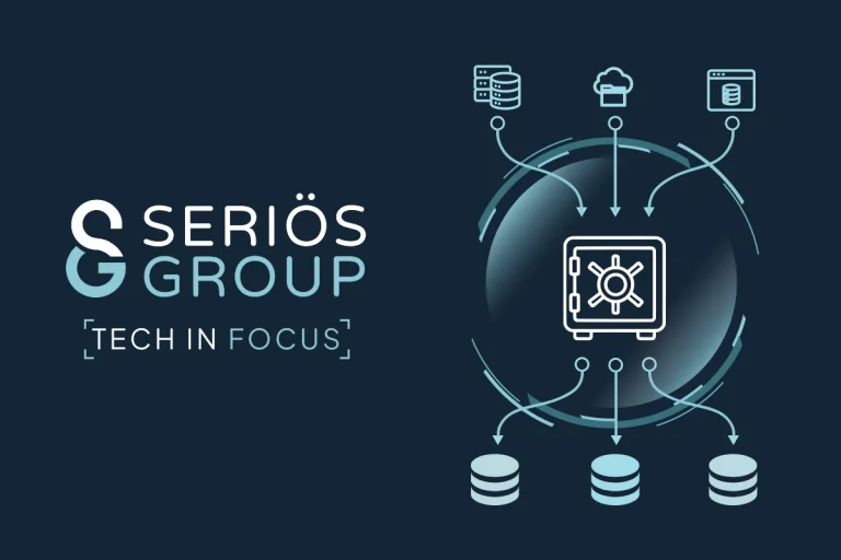 Tech in Focus and Icon over dark blue background
